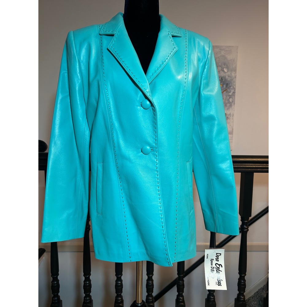 Vintage dero by Rocco D'Amelio Turquoise Leather Whipstitch Blazer Jacket M NEW